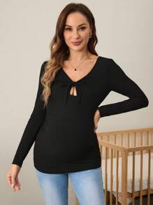 SHEIN Maternity Autumn Tight Long Sleeve Solid Color Knitted T-Shirt - Black - View 5