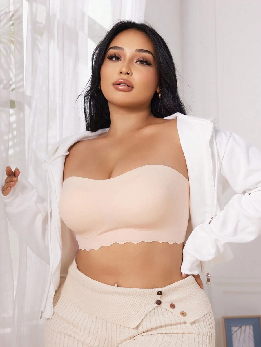 SHEIN 高弹力舒适柔软无线无缝吊带短款上衣和胸罩套装，加大码