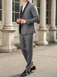 Manfinity Mode 2pcs Men's Front Button Faux Pocket Long Sleeve Shirt And Pants Suit - Dark Grey - View 3