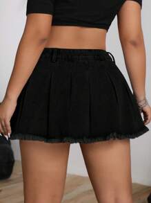 SHEIN ICON Váy mini denim đơn giản màu trơn cỡ lớn cho nữ, mặc mùa hè - màu đen - Xem 2