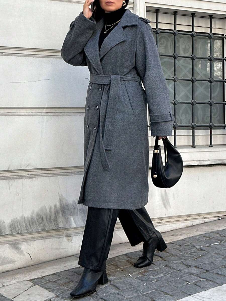 RueChic Plus Size Double Breasted Slant Pocket Belted Overcoat - Grey - View 1