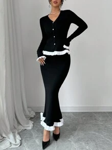 Chiquease 2pcs/Set Women's Long White Lace Patchwork Knitted Outfit - Black and White - View 5