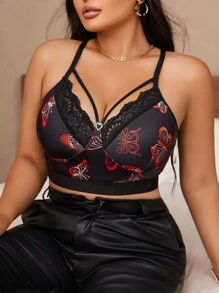 Plus Size Women Butterfly Print Lace Patchwork Bra - Black - View 3