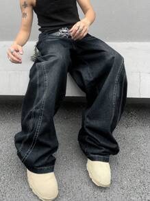 GALLERY FADE 男士宽松阔腿休闲牛仔裤，带口袋，纯色深色牛仔裤，长款宽松纯黑色洗水工装牛仔裤，适合丈夫、男朋友的礼物 - 黑色 - 查看 1