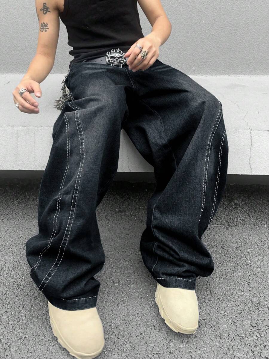 GALLERY FADE 男士宽松阔腿休闲牛仔裤，带口袋，纯色深色牛仔裤，长款宽松纯黑色洗水工装牛仔裤，适合丈夫、男朋友的礼物 - 黑色 - 查看 1