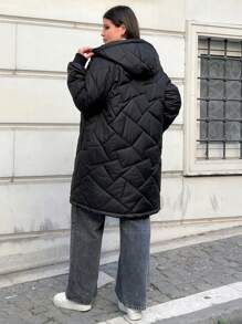 EURMUSE 大码绗缝女式夹克，带兜帽、口袋，适合冬季 - 黑色 - 查看 2