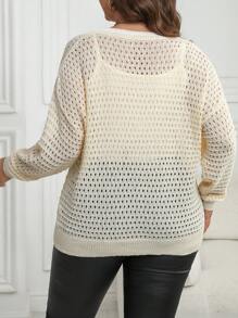 SHEIN LUNE Áo len dài tay cổ chữ V phối màu dáng rộng, cỡ lớn, thích hợp mặc mùa thu đông. - Màu be - Xem 2