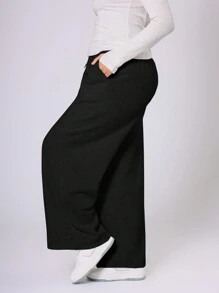 MUSERA Plus Size Women's Casual Solid Color Pocket Wide-Leg Sweatpants Minimalist Everyday Style Casual Comfy - Black - View 4