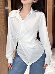 EMERY ROSE Women's Plain Color Long Sleeve Wrap Blouse, Spring Autumn Women Shirt,Long Sleeve Tops Fall Cloth For Women