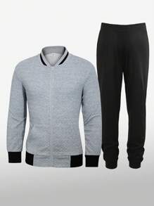 2pcs Teen Boys' Minimalist Stylish Diamond Plaid Pattern Fabric Comfortable Zip-Up Jacket And Pants Set - Multicolor - View 1