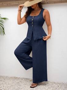 SHEIN Frenchy Plus Size Summer Linen Color  Linen Suit Vest Two-Piece Set Ladies Fashionable Plain Button Contrast Color Sleeveless Top And Trousers Set Wear Comfortable Fabric Breathable Soft Suitable For Commuting Daily Holiday Wear Teacher Outfits - Navy Blue - View 3