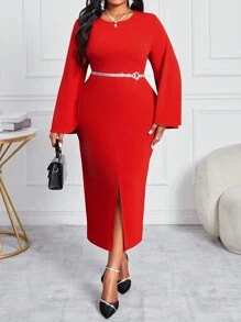 SHEIN Lady Spring And Summer Autumn And Winter Christmas Party Dress Elegant Knitted Off The Shoulder Mermaid Layered Sleeve Maxi Long Sleeve Plus Size Dresses - Red - View 3