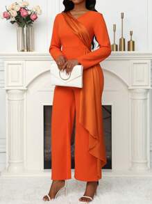 Zolique 女士纯色 V 领长袖连体裤 - 橘色 - 查看 6