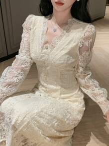 DAZY 女士优雅婚礼宾客蕾丝 V 领连衣裙，春季、秋季服装长袖连衣裙 - 米色 - 查看 1