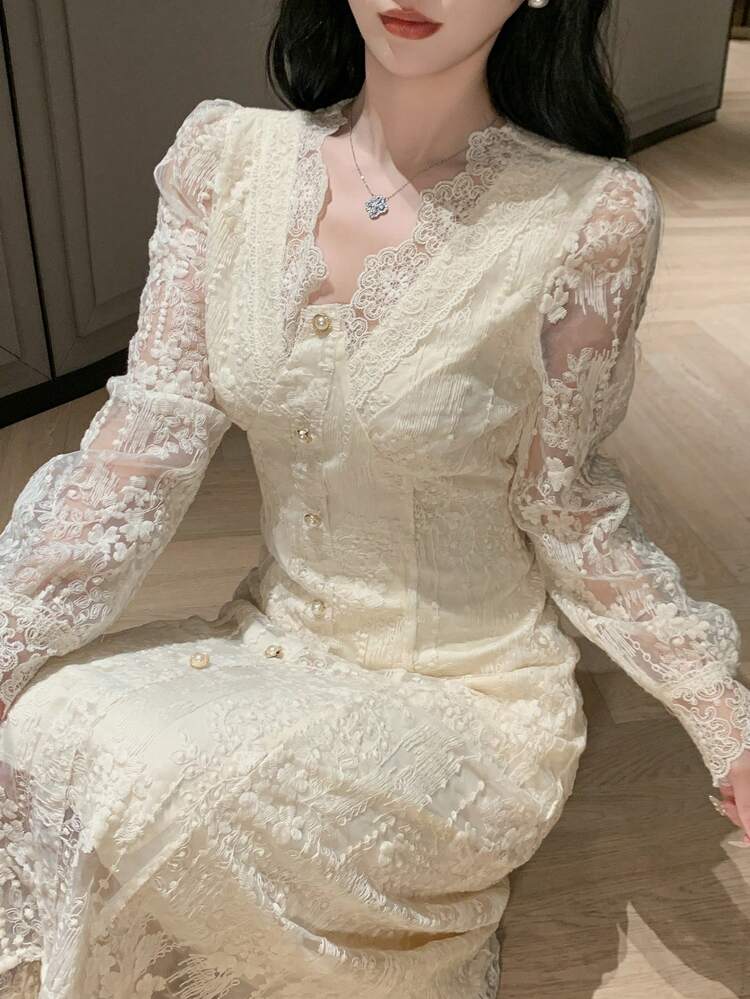 Women's Elegant Wedding Guest Lace V-Neck Dress, Spring,Fall Clothes Long Sleeve Dress Maxi Dress