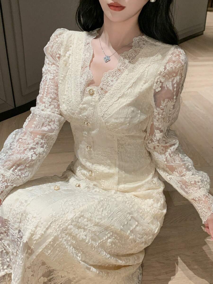 DAZY 女士优雅婚礼宾客蕾丝 V 领连衣裙，春季、秋季服装长袖连衣裙 - 米色 - 查看 1