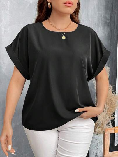 SHEIN LUNE Plus Size Women's Fall Solid Color Crew Neck Batwing Sleeve Casual Blouse Women Tops Black Shirt