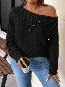 SHEIN LUNE Plus Size Women Black Sweater,Autumn Smart Casual Asymmetrical Shoulder Everyday Winter Versatile Two-Way Design Knitwear For Outings,Work,Shopping - Black - View 3