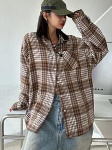 DAZY Women's Spring & Summer Plaid Pocket Loose Long Sleeve Blouse