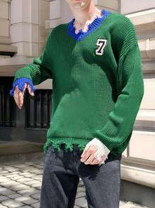 Claim Dot Áo len dệt kim trễ vai cổ chữ V dáng rộng in chữ thu đông cho nam - Nhiều màu - Xem 4