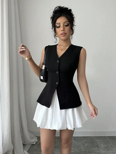 Selianne Kadın Şık Vintage Düz Renk V Yaka Yelek Üst ve Kontrast Renk Volanlı Etek Mini Etek 2 Parça Kıyafet, Yeni Yıl, Sevgililer Günü İçin Uygun