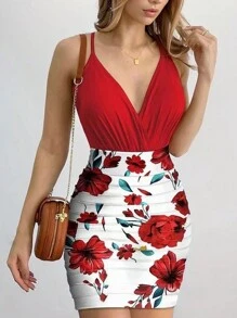 SHEIN LUNE 2 件套性感女士红色花卉印花交叉吊带上衣和荷叶边裙子