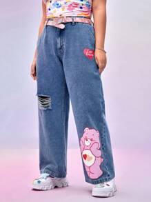 SHEIN X Care Bears Quần Jeans Xanh Rửa Cổ Điển Thường Ngày Hình Trái Tim & Gấu Hồng In Hình Hoạt Hình Dáng Rộng Co Giãn Rách Cạp Cao, Thu/Đông - Màu xanh lam - Xem 6