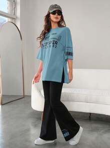 Mulvari 2pcs Women's Casual Letter Print Crew Neck Top And Pants Set, Casual Outfits Tracksuit 2 Pieces Lounge Set, Suitable For Walking/Sports/Back To School & Everyday Casual Wear 2 Pieces Set