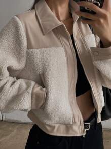 DAZY Women's Autumn Casual Color Block Cropped Jacket,Thermal Lined - Beige - View 2