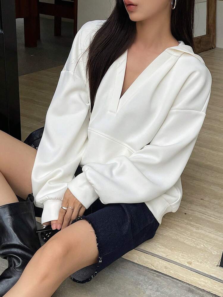 Women's Solid Color Long Sleeve Pocket Simple V-Neck Hooded Sweatshirt, Casual Daily Wear,Fall Clothes