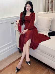 DAZY 女士纯色方领鱼尾连衣裙，生日、新年、舞会礼服，秋季红色女装，圣诞节优雅女装 - 酒紅色 - 查看 3