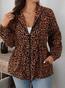 SHEIN LUNE Plus Size Leopard Print Zip Up Pocket Jacket, Casual Everyday Fall Clothes Clothes - Rust Brown - View 5
