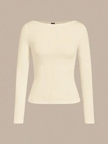 SHEIN BASICS 女士纯色简约日常圆领长袖 T 恤 - 杏色 - 查看 2