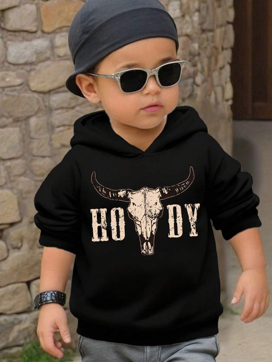 SHEIN Young Boy Cowboy Graphic Loose Fit Casual Hooded Thick Knit Long Sleeve Sweatshirt, Suitable For Autumn/Winter - Black - View 1
