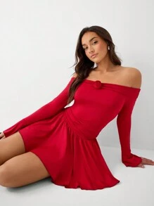 SHEIN Unity 女士露肩长袖碎花褶皱优雅连衣裙 - 紅色 - 查看 6