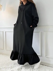 SHEIN EZwear Women's Solid Color Long Sleeve Drawstring Casual Long Sweatshirt Dress, Vacation In Fall/Winter