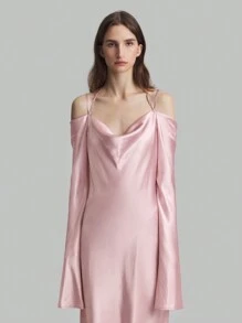 Ontre Elegant Fitted Off Shoulder Bell Sleeve Fish Tail Silk Party Dress, Pink Pastel Dress