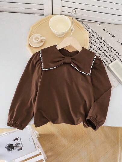 SHEIN Young Girls' Apricot Bow Collar T-Shirt And Brown Casual Pants Set, Suitable For Spring, Autumn And Winter,Holiday,Summer,Travel