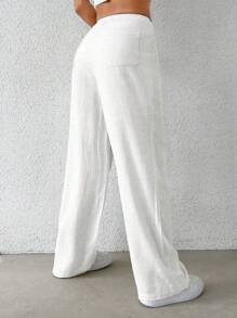 SHEIN EZwear Women's Button Pocket Fashion Straight Leg Casual Street Wear Woven Trousers - White - View 2