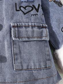 Baby Girl Front-Button Fluffy Splice Casual Jacket, Letter Print - Blue - View 5