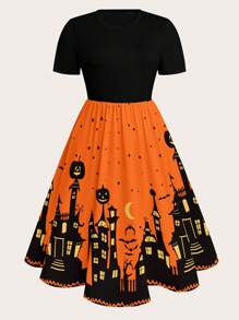 SHEIN LUNE Váy xòe tay ngắn in họa tiết tiệc bí ngô Halloween cỡ lớn cho nữ - Nhiều màu - Xem 1