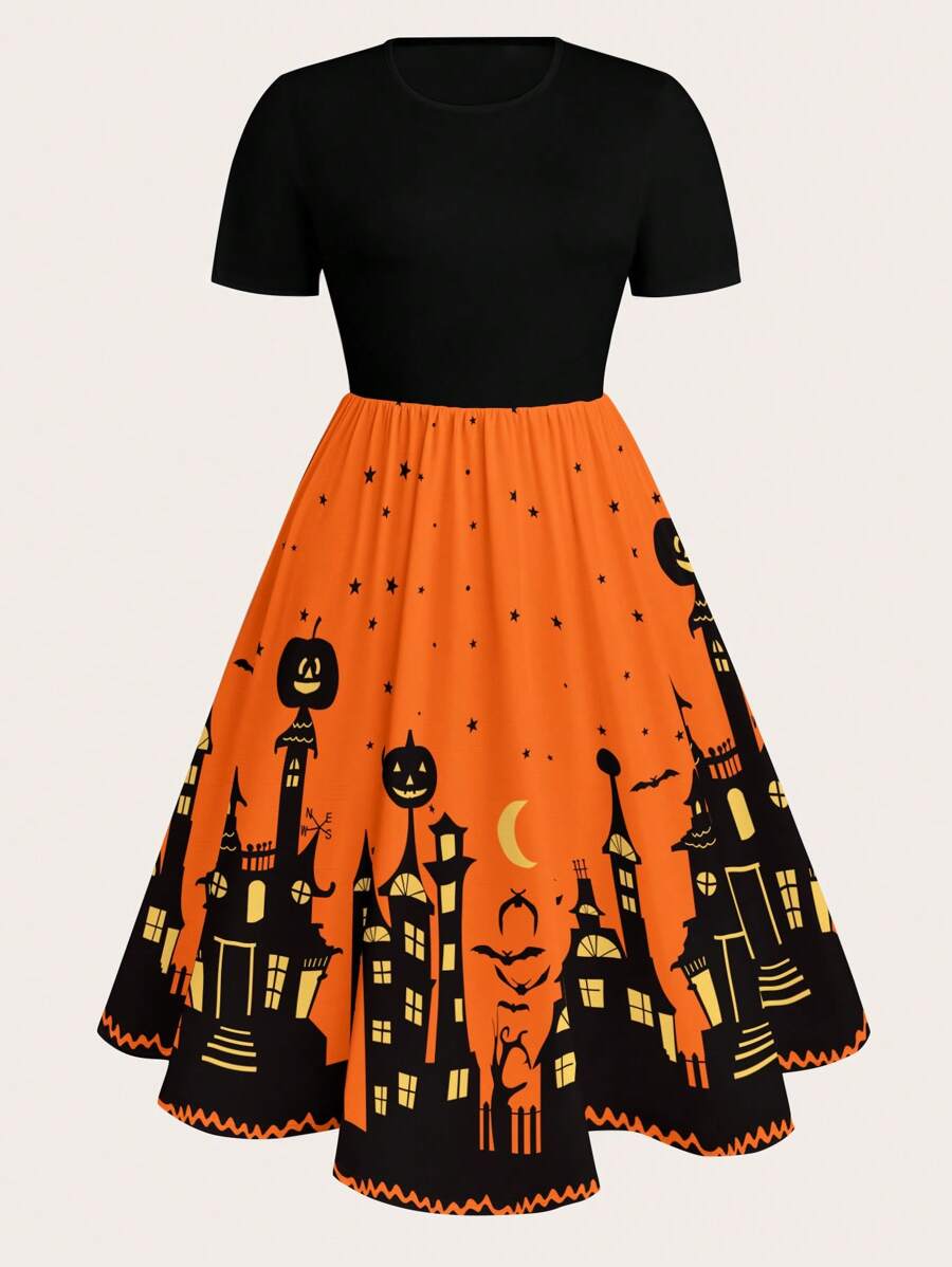 SHEIN LUNE Váy xòe tay ngắn in họa tiết tiệc bí ngô Halloween cỡ lớn cho nữ - Nhiều màu - Xem 1