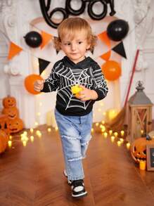 Babyjongens schattige Halloween Spinnenweb Print Hoodie met Oogpatroon, Lange Mouw Sweatshirt voor Fotografie, Feest, Casual, Geschikt voor Herfst & Winter
