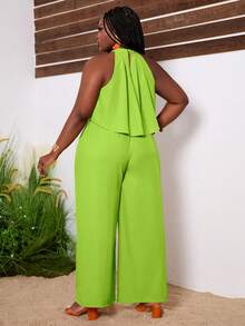 Slaydiva 加大码度假休闲纯色宽松无袖不对称下摆纹理面料加大码女式两件套 T 恤 - 綠色 - 查看 2