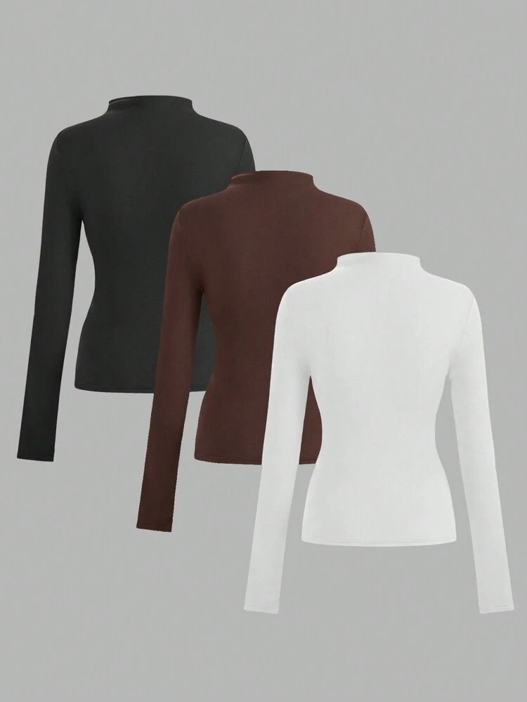 4pcs/Set Women's Casual Minimalist Tight-Fitting Long Sleeve Base Layer T-Shirts, Fall