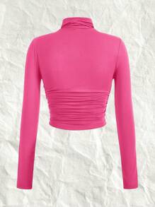 SHEIN EZwear 情人节，加大码女式纯色针织高领褶皱长袖 T 恤 - 玫紅色 - 查看 2