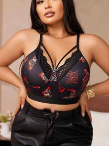 Plus Size Women Butterfly Print Lace Patchwork Bra - Black - View 4