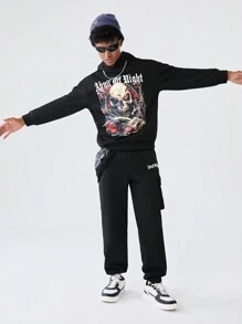 SHEIN Teen Boys Casual Skull Printed Hoodie Sweatshirt And Solid Color Sweatpants 2pcs Outfit, Suitable For Autumn And Winter - Black - View 1