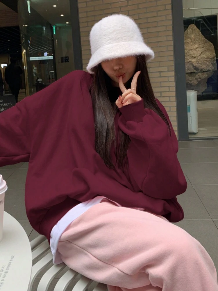 Loose Fit Crew Neck Solid Color Thermal Lined Sweatshirt For Women Fall,Winter