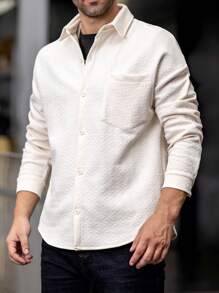 Manfinity Homme Jaket Shacket Kasual Pria dengan Tekstur Polos, Musim Semi dan Gugur - Krem - View 3